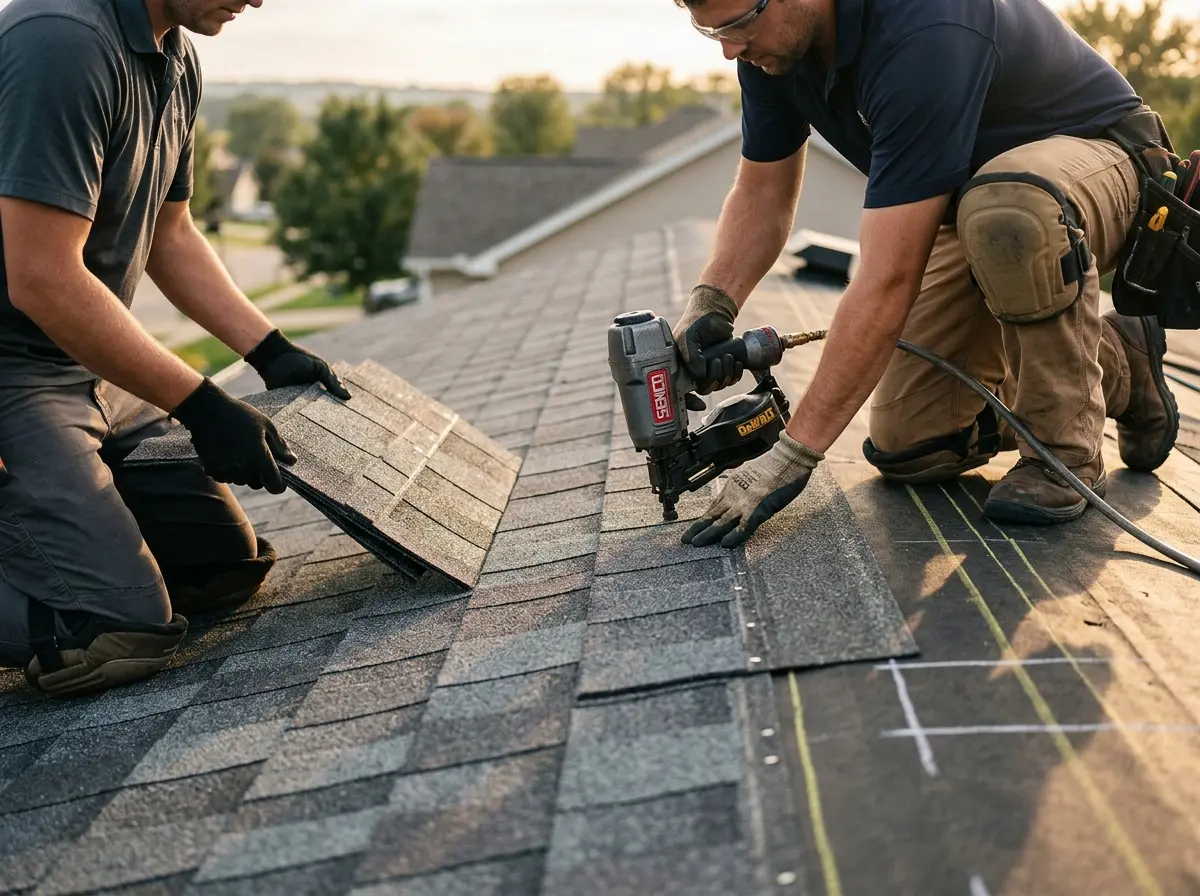 Professional roofer working on a residential roof in St. Thomas